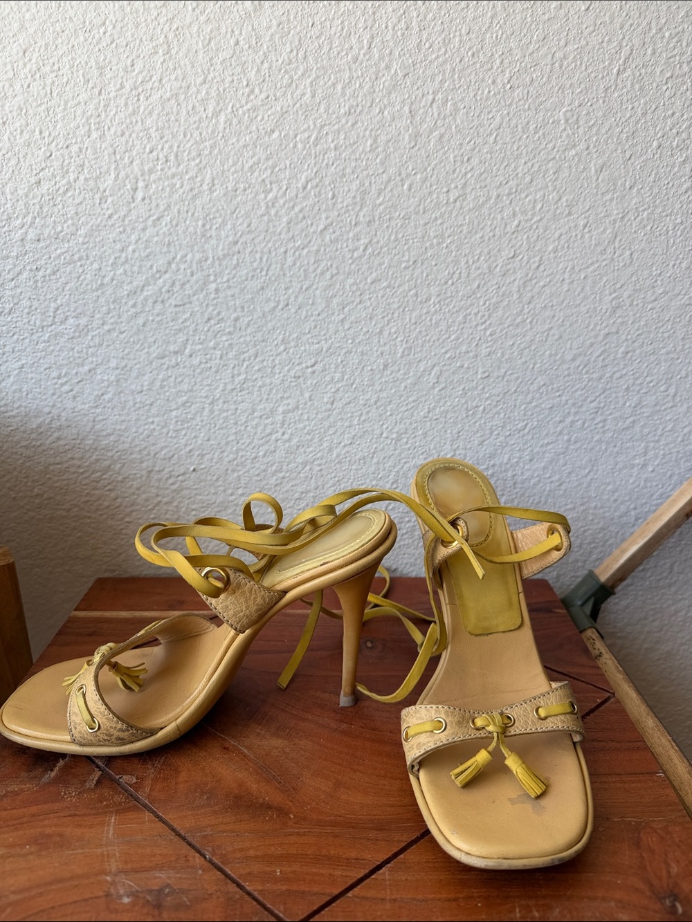 Casadei:Yellow Strappy Tassel Tie-Up High Heel Sandals